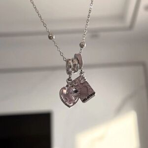 Silver Necklace with Pink Heart and Charm Pendant